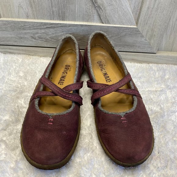 Clarks Plum Leather Mary Jane Comfort Flats Womens Criss Cross Strap 7 - Picture 1 of 10